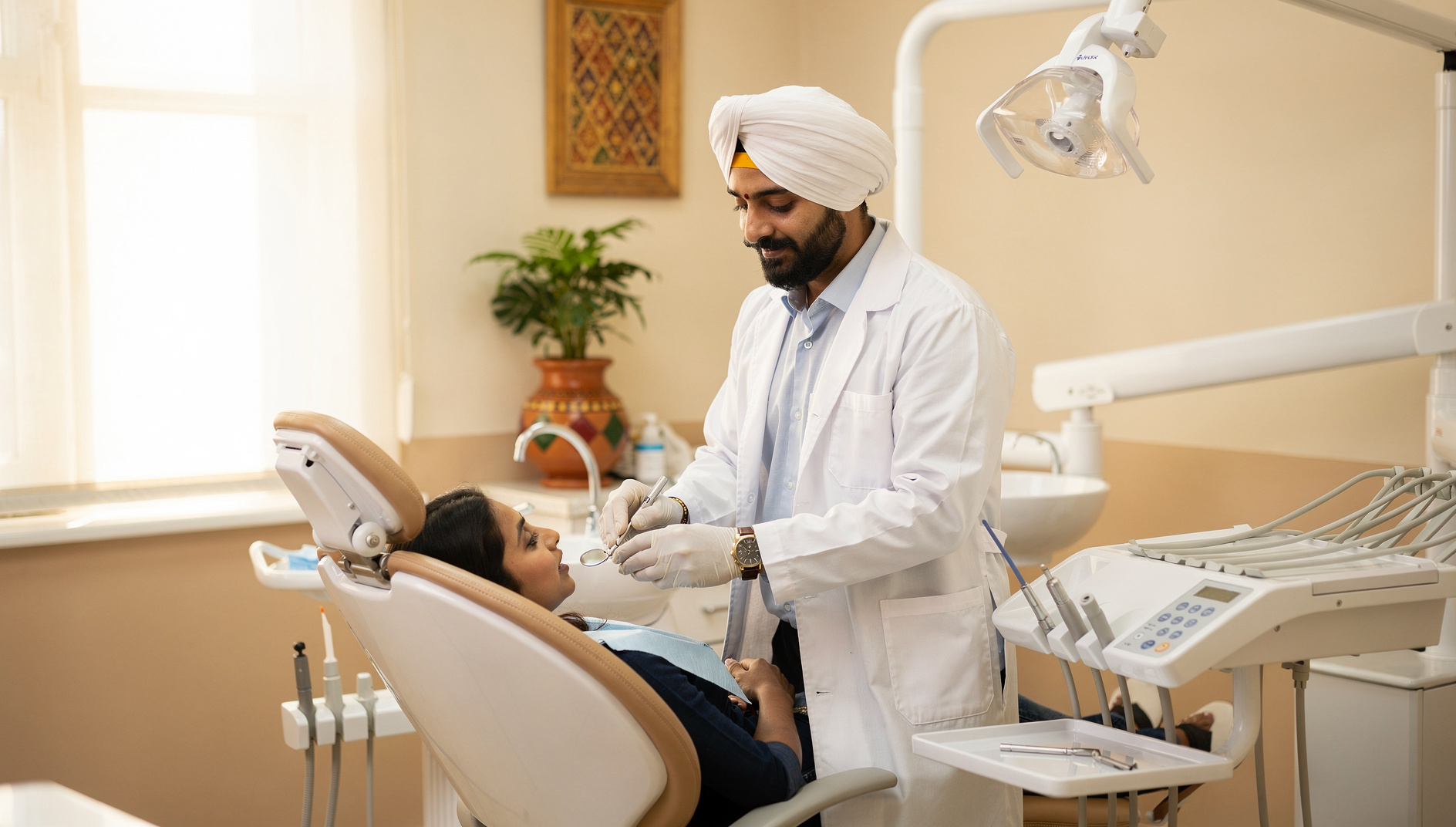 Sikh dentist treating a patient at an Indian dental clinic